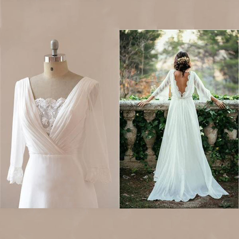 ที่กําหนดเองสีขาวชีฟอง Boho ชุดแต่งงานชายหาดสามไตรมาสแขนลูกไม้ชุดเจ้าสาว Backless V คอชุดเจ้าสาว 2024