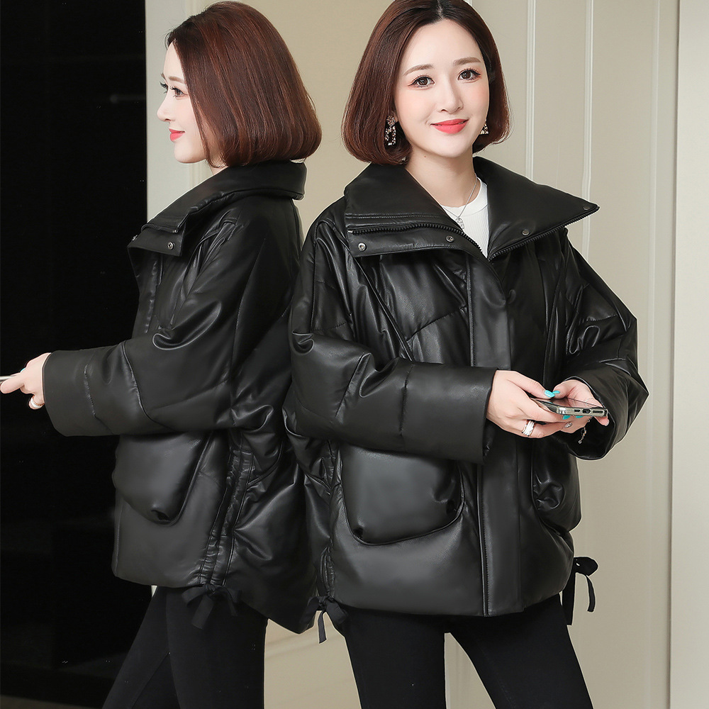 Women's Leather Down Jacket, Stand Collar, Genuine Sheepskin Outerwear, Relaxed Fit, Casual Black Coat with Pockets, Winter