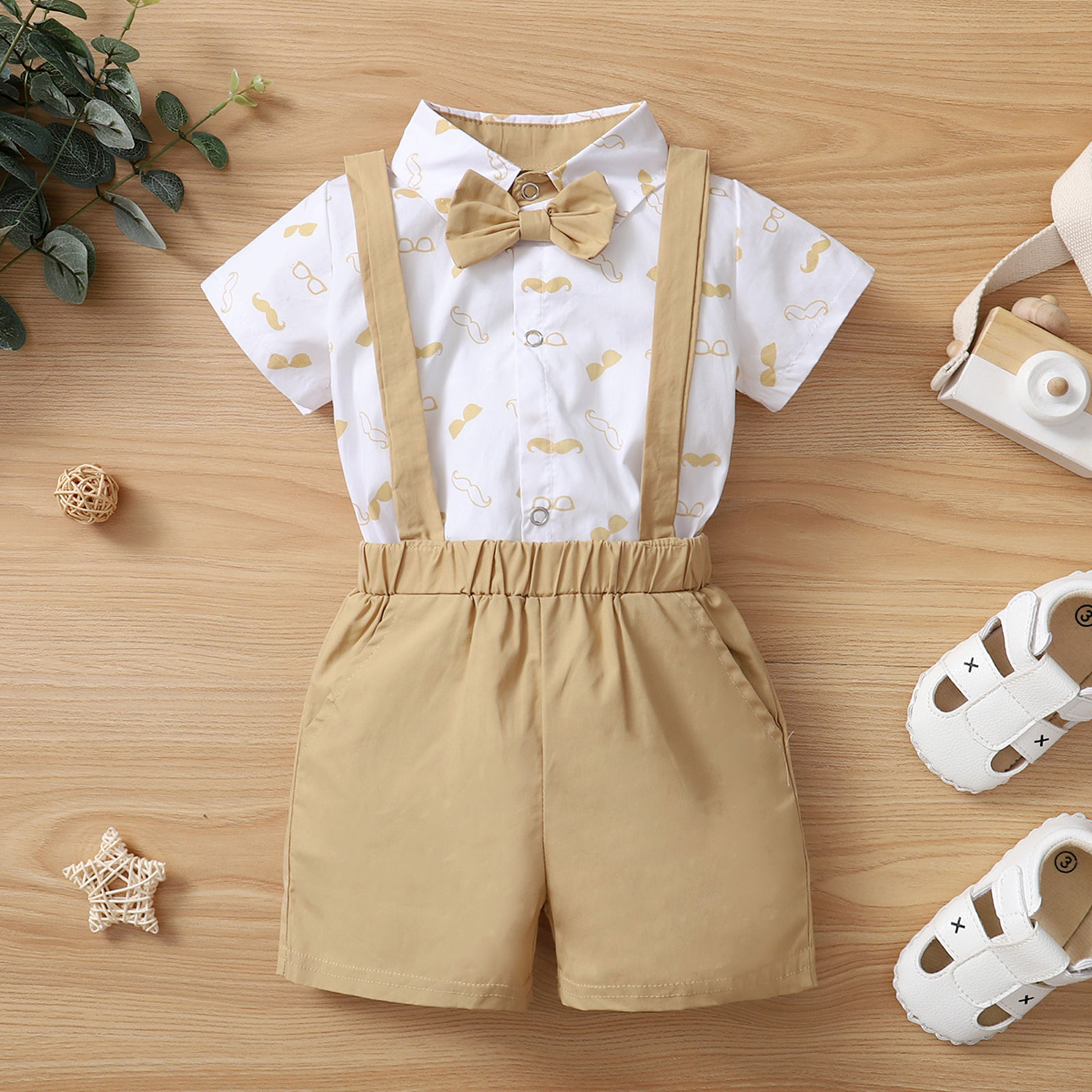 Bé Bé Trai Bộ Quần Áo, Râu In Nữ Tay Ngắn Có Cổ Áo Cổ + Đồng Màu Suspender Quần Short