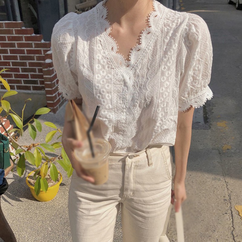 Senhoras do escritório renda borda camisa moda feminina oco para fora blusa branca simples casual com decote em v blusas de manga curta e topos