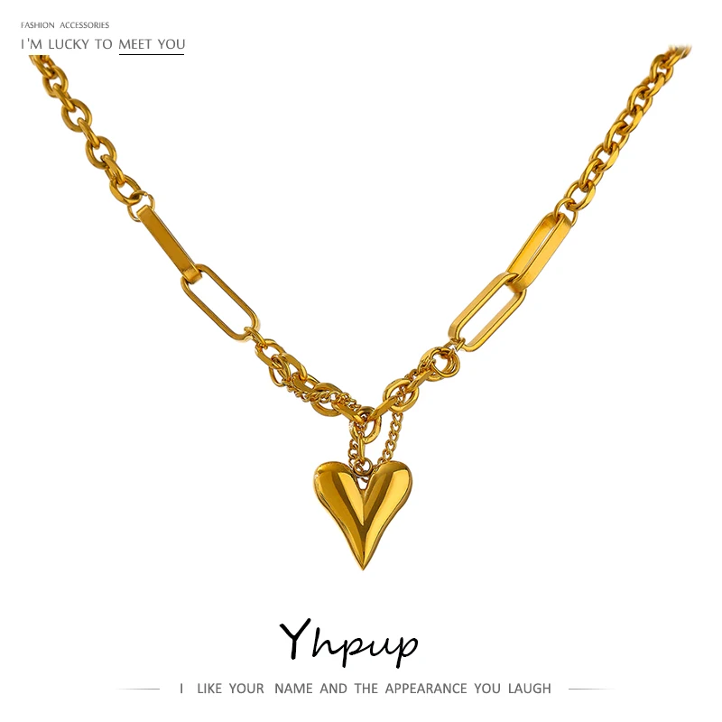 Yhpup-collar con colgante de corazón romántico para mujer, gargantilla de acero inoxidable de 18 K con textura de Metal, de alta calidad, para aniversario