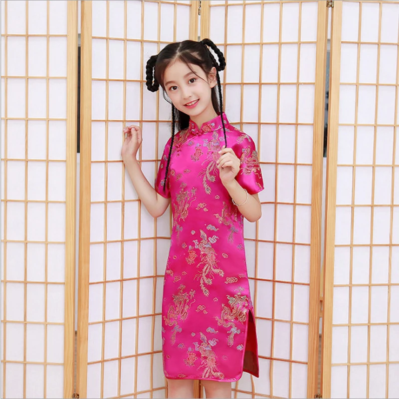 Bé Gái Đáng Yêu Lụa Satin Sườn Xám Dễ Thương Công Chúa Bé Gái Áo Trẻ Em Đảng BẦU ĐẦM Năm Mới Sườn Xám Quần Áo