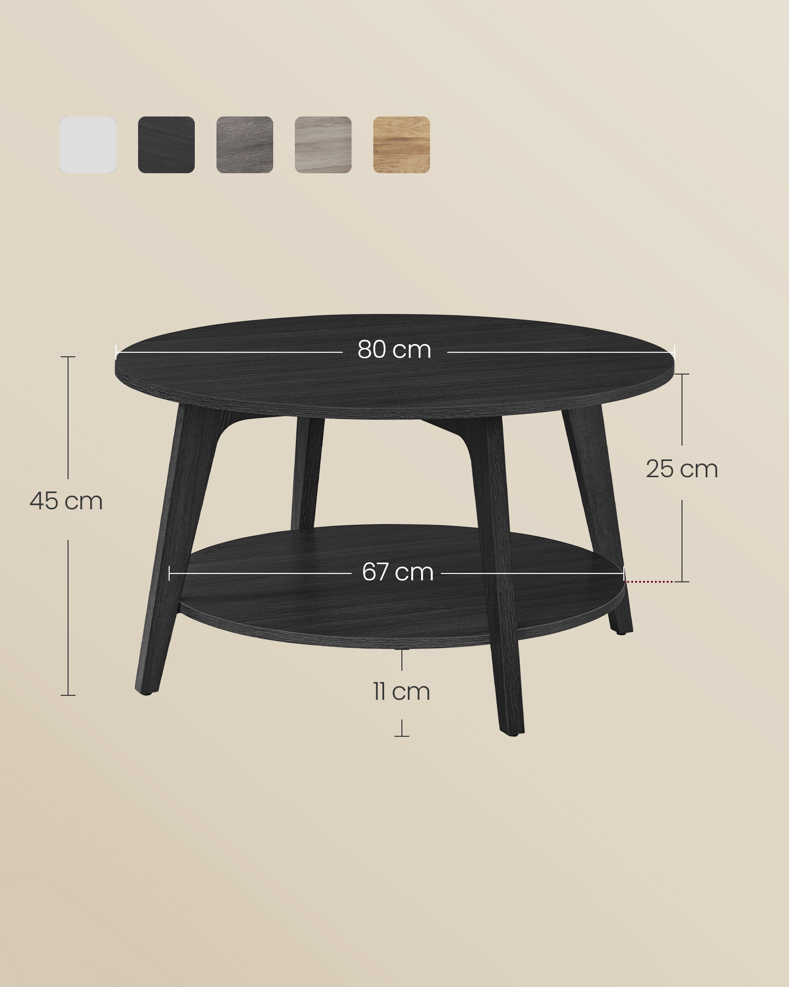VASAGLE Couchtisch, Wohnzimmertisch 2 Ebenen, ∅80 x 45 cm, einfach zu montieren