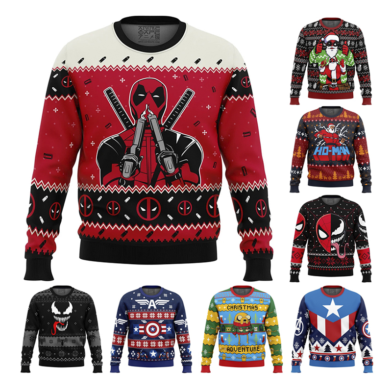 크리스마스 남성 까마귀 캡틴 아메리카 보이 풀오버 3D 인쇄 오버 사이즈 탑 독 남성 풀오버 Deadpool Marvel Mens Clothing