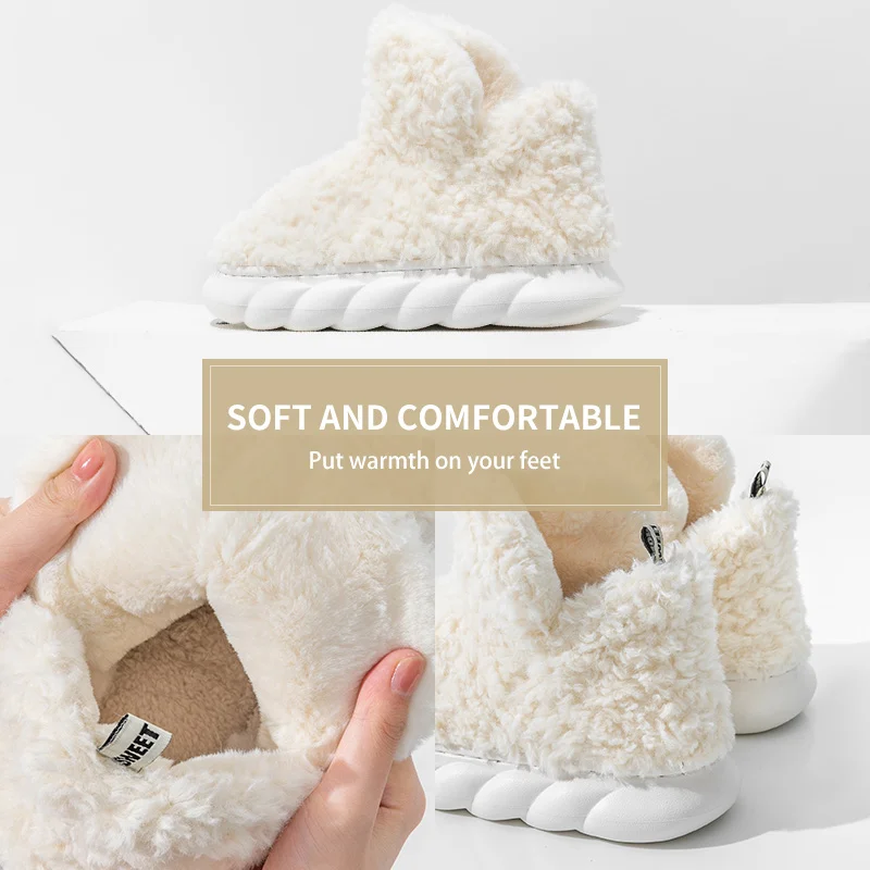 Chinelos de algodão para uso doméstico feminino de outono e inverno, novos sacos de pelúcia internos com saltos quentes para uso externo