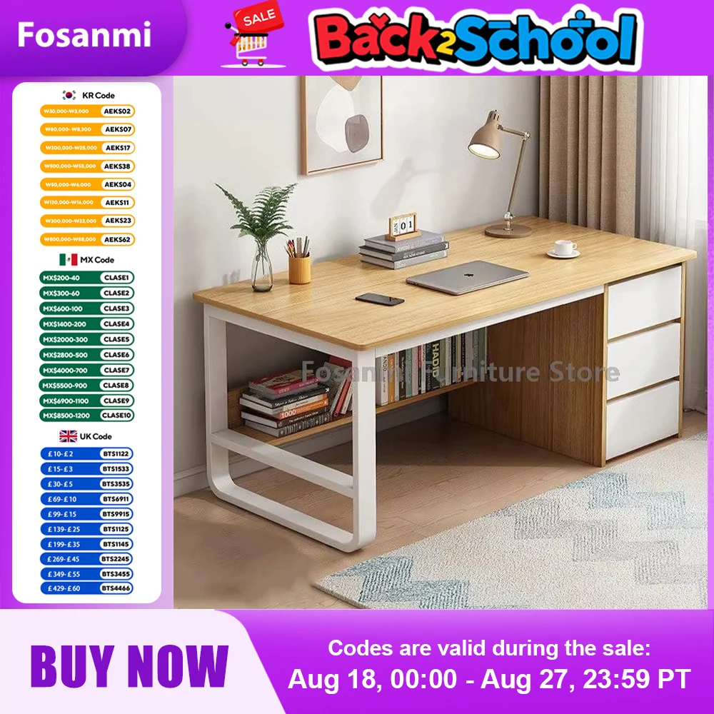 3-Drawer Computer Desk with Storage Shelf Modern Office Working Desk Minimalist Home Gaming Writing PC Table for Bedroom Study