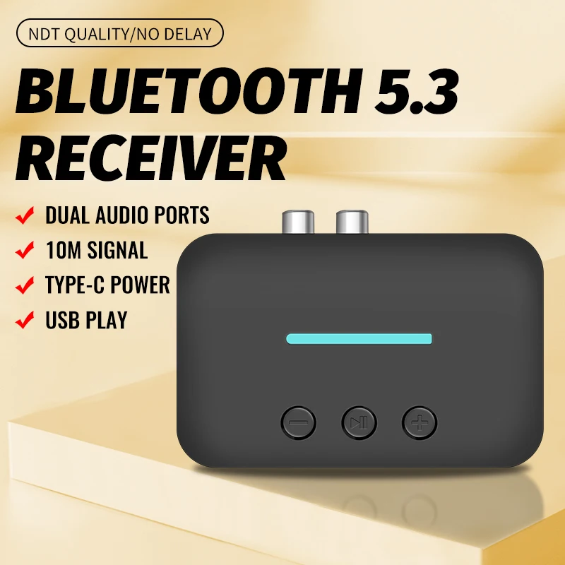 USB Bluetooth 5.3 Audio Receiver Adapter Wireless Stereo Music 3.5mm AUX R/L RCA Support U-Disk Playback Desktop Speaker Amp