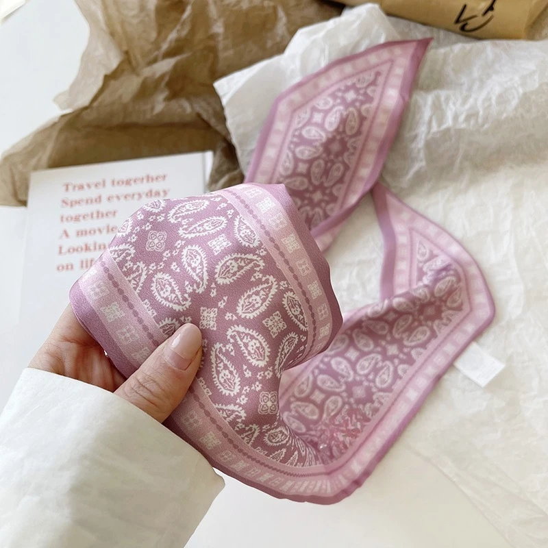 Bufanda de seda con flores de anacardo, diadema estampada de doble cara, decoración ins, accesorios versátiles para bufandas triangulares