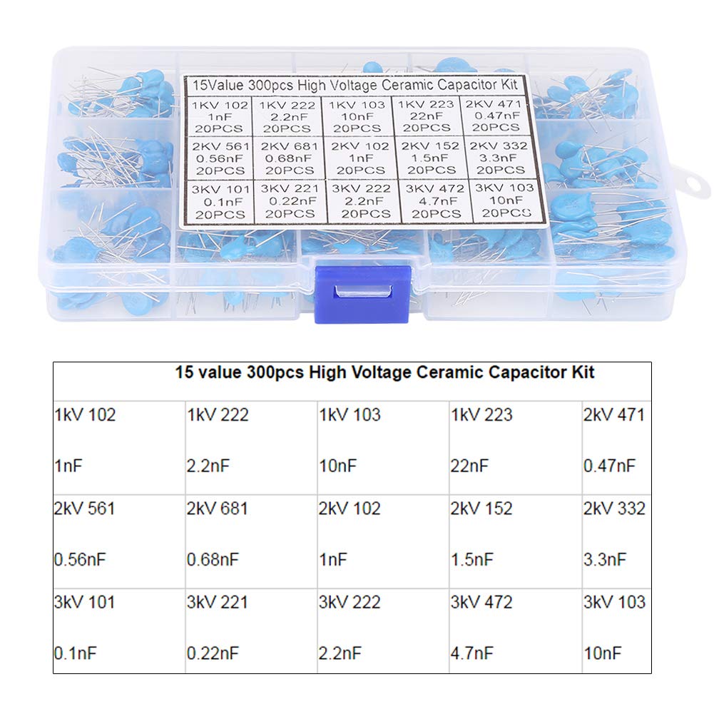 300 uds/caja 15 valores x 20 piezas 1KV 2KV 3KV 1NF 10NF 22NF 0.47NF 0.1NF 10NF Kit surtido de condensadores cerámicos de alto voltaje