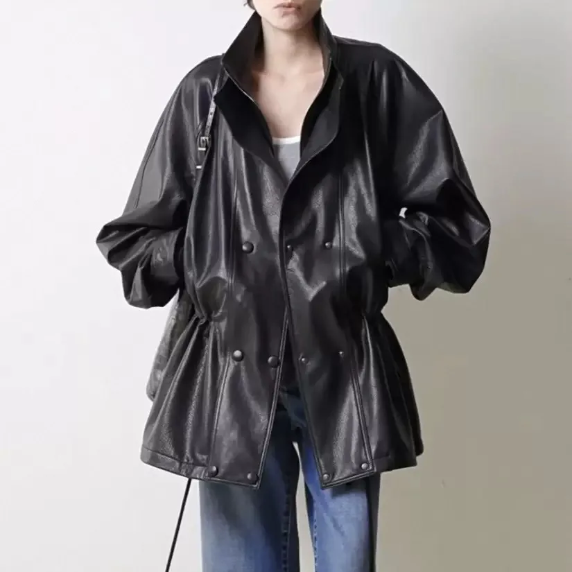 Modische gegerbte Schaffell-Lederjacke für Damen, 2022, neuer doppellagiger Kragen, plissierte Taille, Midi-Langmantel, schwarze Jacken Dame