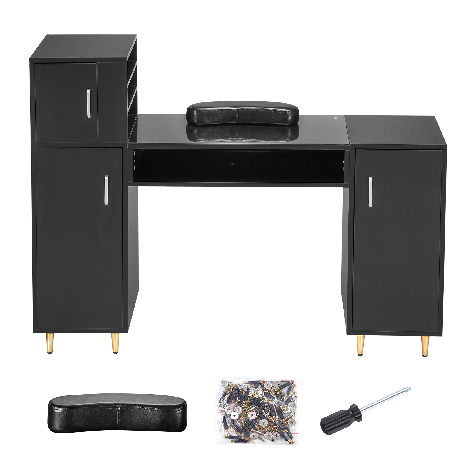 SucceBuy Manicure Table Glass Top Nail Desk Makeup Dressing with Storage Cabinet Acetone Resistant for Beauty Salon Workstation