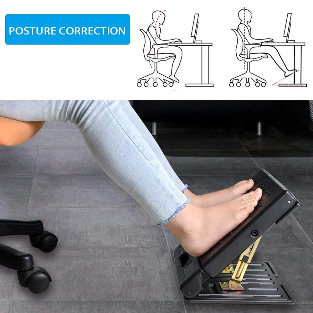 Apoio para os pés ajustável com almofada removível e macia para descanso dos pés, carga máxima de 120 libras com contas de massagem para carro, casa, altura de 4 níveis