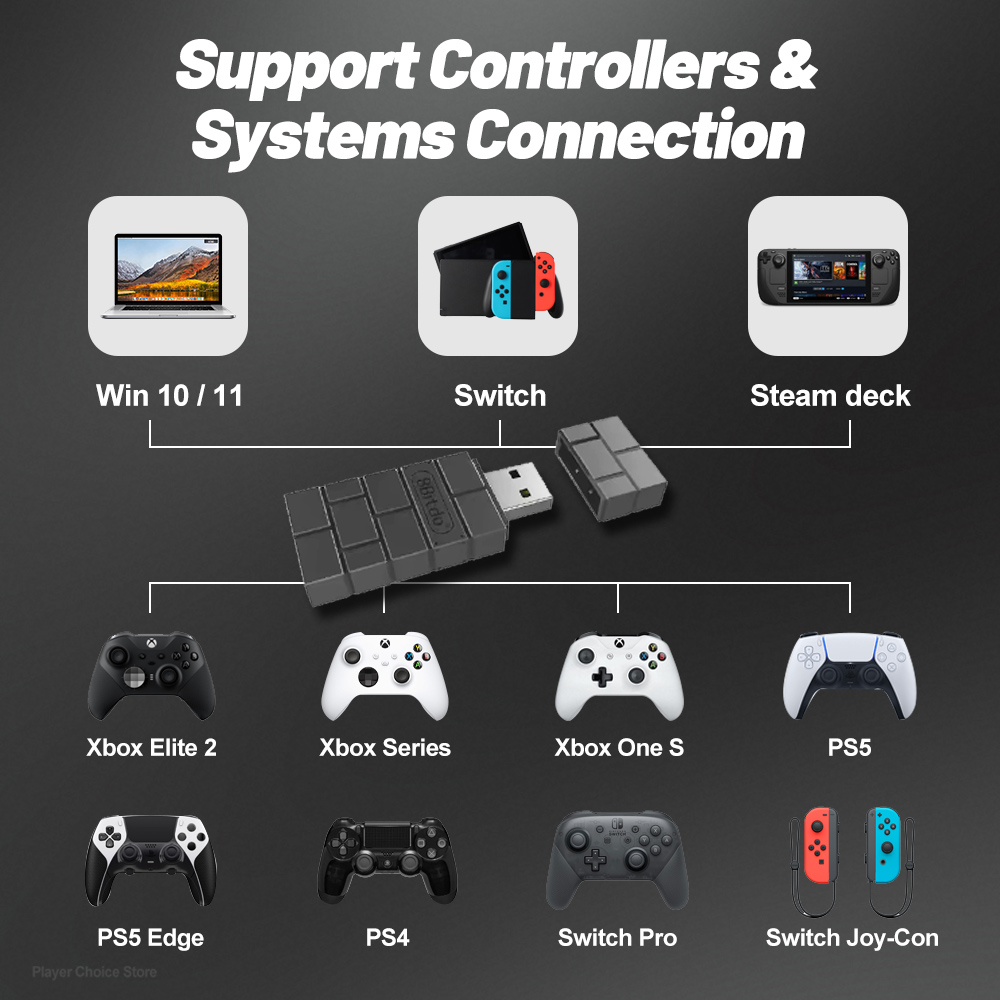 8BitDo USB Wireless Bluetooth Adapter 2 for Nintendo Switch 2 Switch PS5 PS4 Xbox JoyCon Gamepads Windows Steam Mac Raspberry Pi