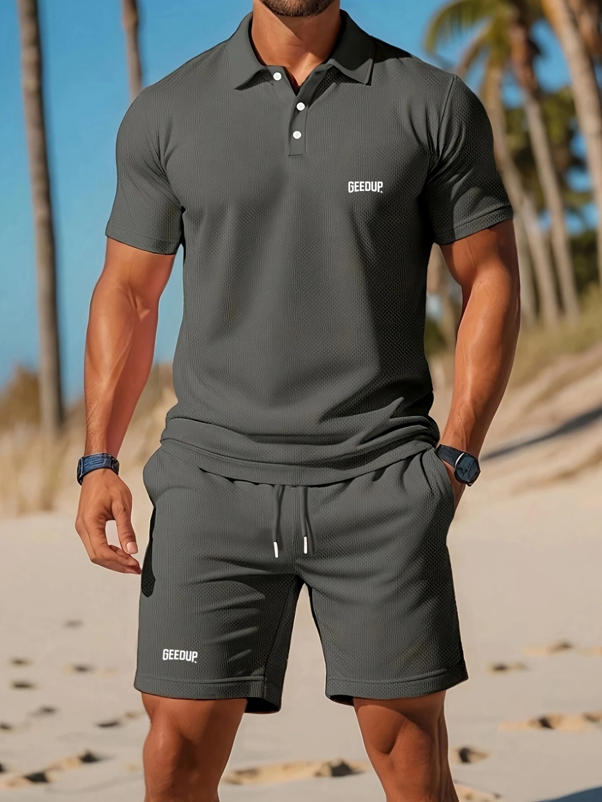 2025 hommes nouvel été maille revers manches courtes et Shorts ensemble décontracté couleur unie ample plage sport respirant ensemble