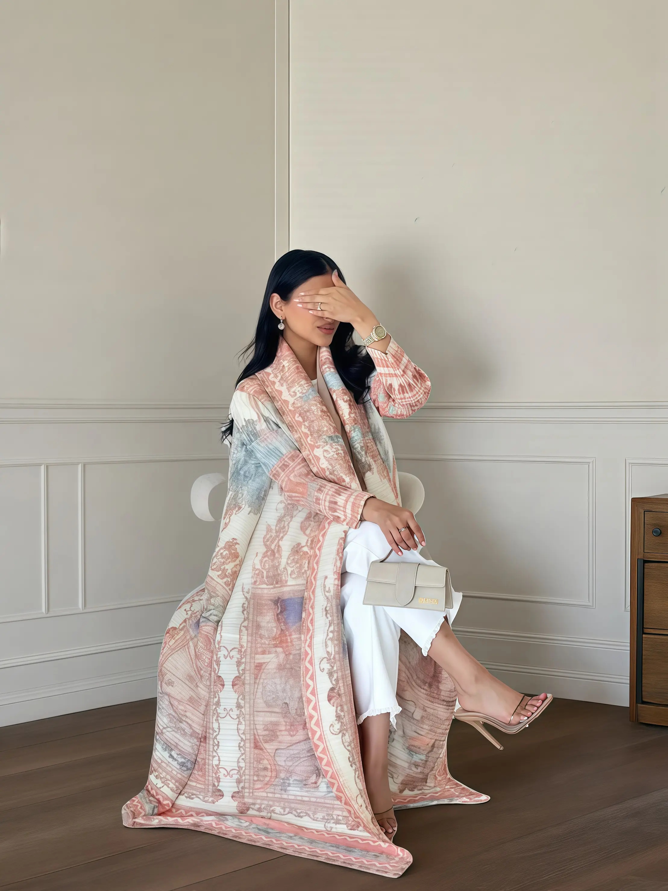 Jesienny długi płaszcz damski, nadruk retro, z długim rękawem, muzułmańska abaja, moda Saudyjska, pomarszczony pas biodrowy