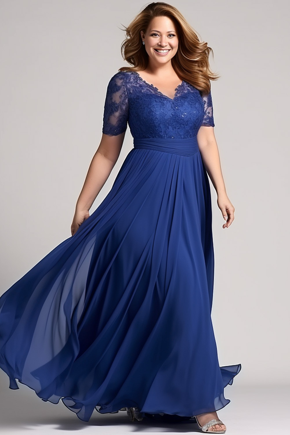 Flycurvy Plus Size Invitado de casamento Vestido maxi de renda de chiffon azul royal
