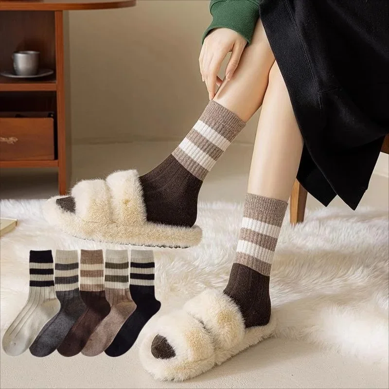 1 3 5 pares feminino listrado meados de bezerro meias outono inverno meias de malha térmica marrom retro desleixado bota meias casuais diariamente ue 35-42