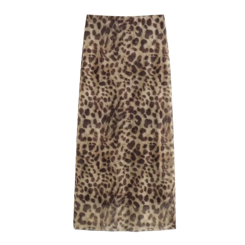 TRAF Luipaardprint Midi Rok Vrouw Tule Hoge Taille Lange Rokken Voor Vrouwen 2024 Zomer Vintage Mesh Rok Elegante Dames Skits