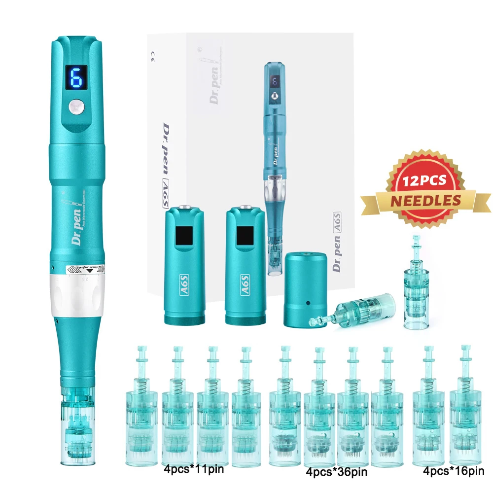 Không Dây Dr Bút A6S Với 12 Chiếc Kim Hộp Mực Chuyên Nghiệp Microneedling Bút Derma Bút Điện A6S Dụng Cụ Chăm Sóc Da Bộ