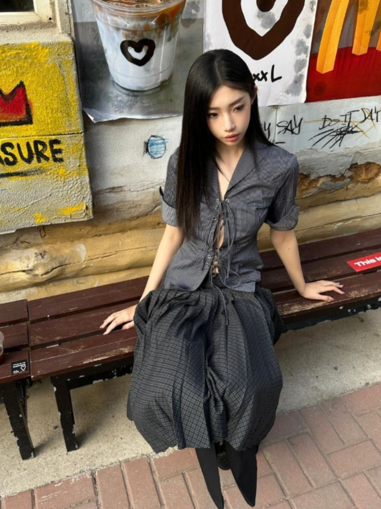 HOUZHOU-Blusas coquetas Vintage para mujer, ropa de calle Punk de estilo coreano, estampado a rayas, vendaje calado, camisas ajustadas 2024 Y2k