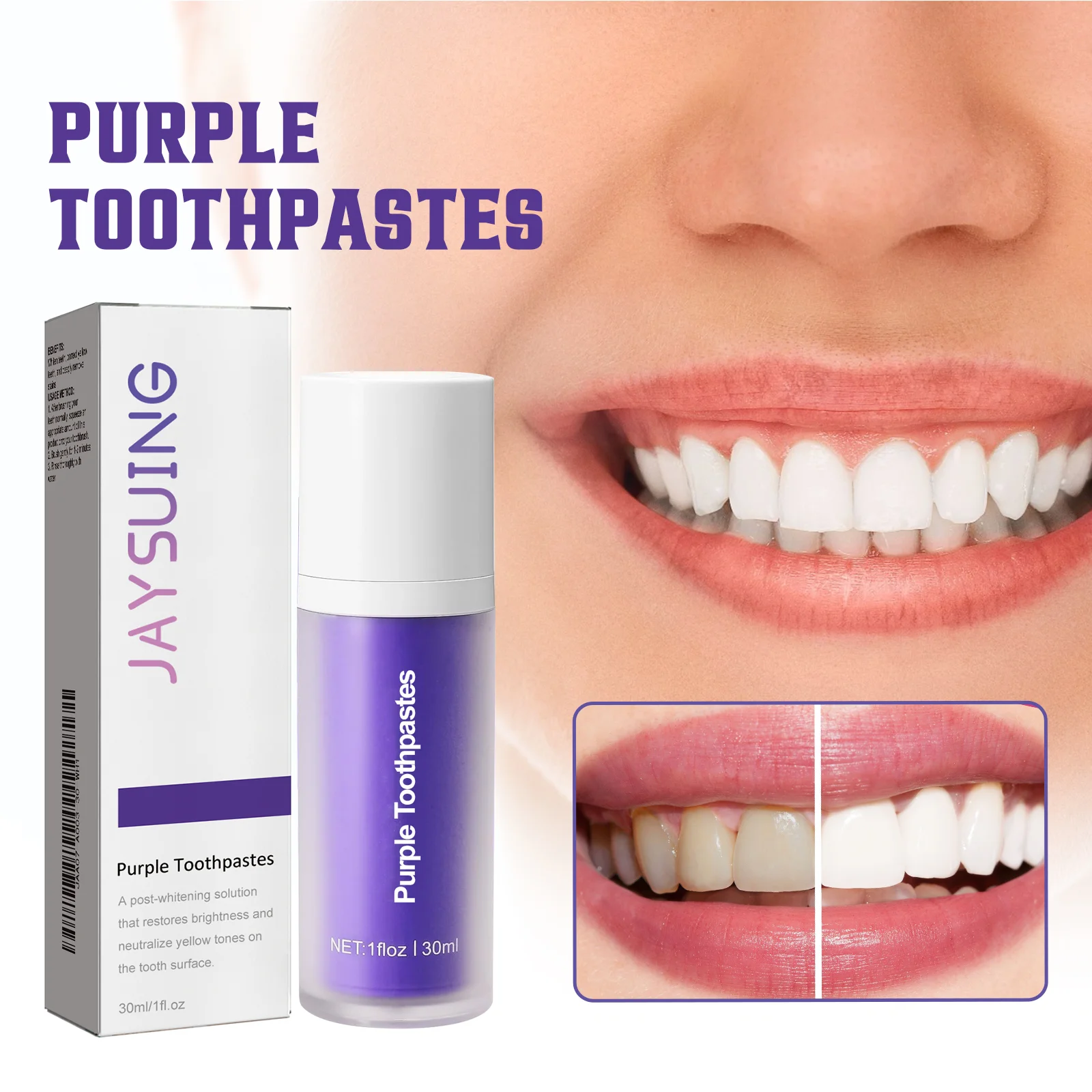 Dentifricio sbiancante viola per smalto orale Cura pulita Rimuove macchie di placca Tartaro Riduce la cavità Ingiallimento dei denti Alito fresco