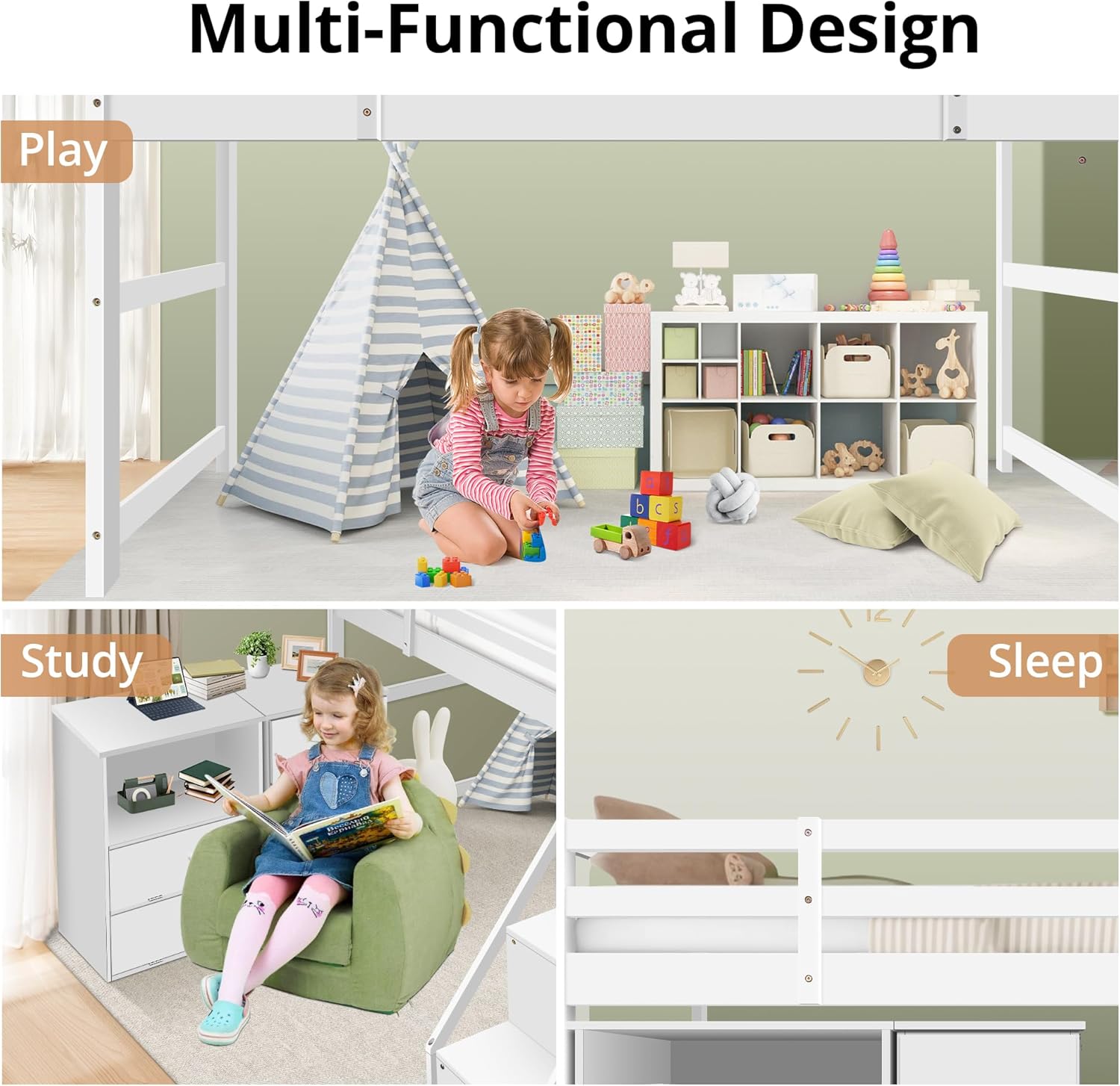 Bed with Pullable Storage Staircase and 2 Cabinet, Wooden Stairway Loft Bed with Drawers and Shelves, Twin Size Bed Frame for Gi