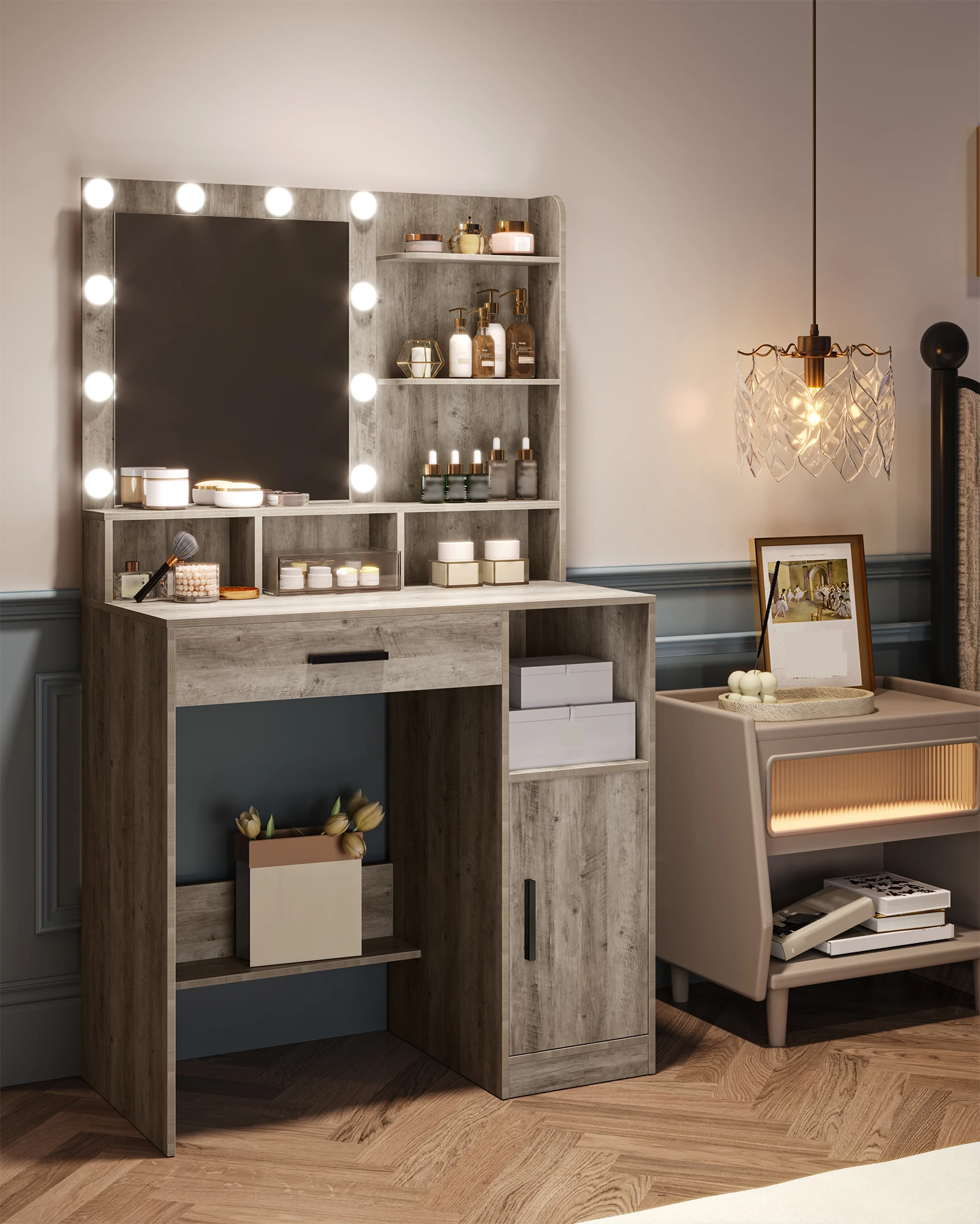 Hzuaneri Toeletta con Specchio e 10 Luci LED, Mobile Vanity con 3 Ripiani e 4 Scomparti Aperti, con Grande Cassetto