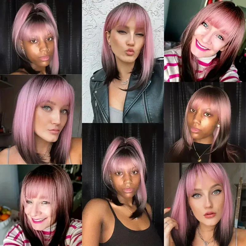 Peruki ombre różowo-czarne dla kobiet z grzywką, peruki cosplay, kolorowe peruki syntetyczne, warstwowe peruki do codziennego użytku, na imprezy/Halloween