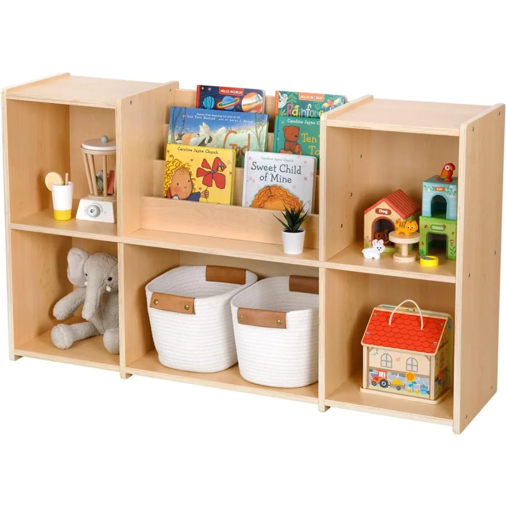 Montessori Bookshelf and Toy Storage Organizer, 2-Tier Horizontal Bookshelf, 5-Compartment Toy Storage Cabinet with Book Rack