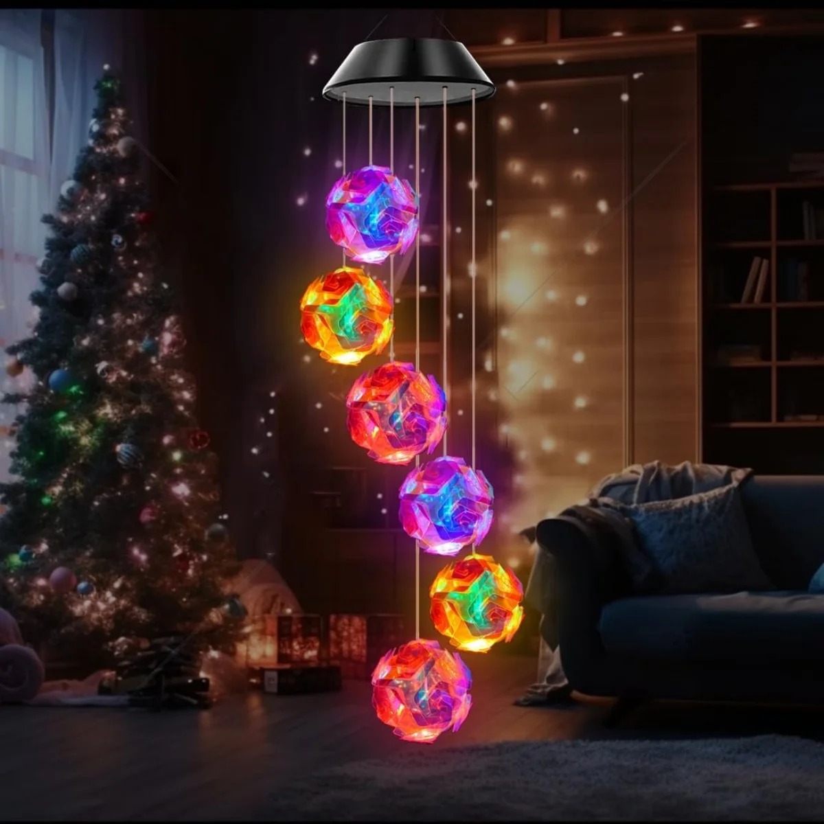 1 unidad de luz de carillón de viento con bola bordada rosa que cambia de Color con energía Solar, luz nocturna impermeable para exteriores, lámpara Solar colgante