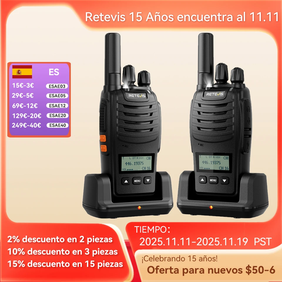 Retevis H777D (H777 mejorado) Walkie-talkie portátil con pantalla LCD, sin licencia, radio de largo alcance tipo C para camping