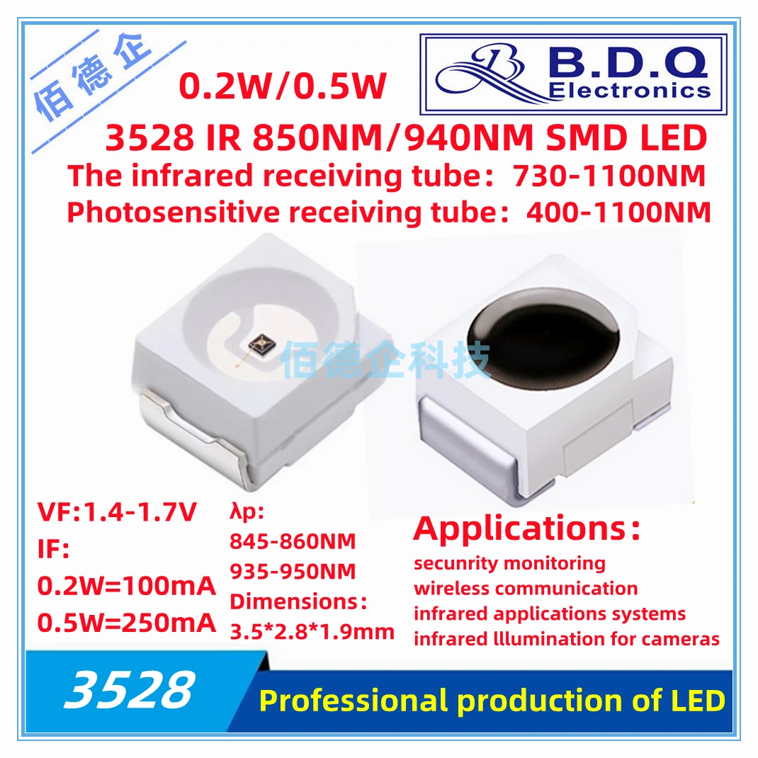 Tubo receptor infrarrojo LED SMD, 100 piezas, 3528, 0,2, 850nm, 940nm, 0,5 W