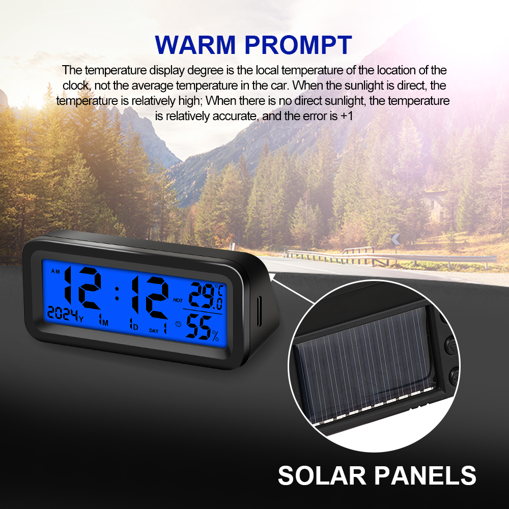 Reloj Digital Solar para coche, fecha, semana, temperatura, humedad, pantalla LCD retroiluminada para salpicadero, reloj para coche, pegatina interna para automóvil