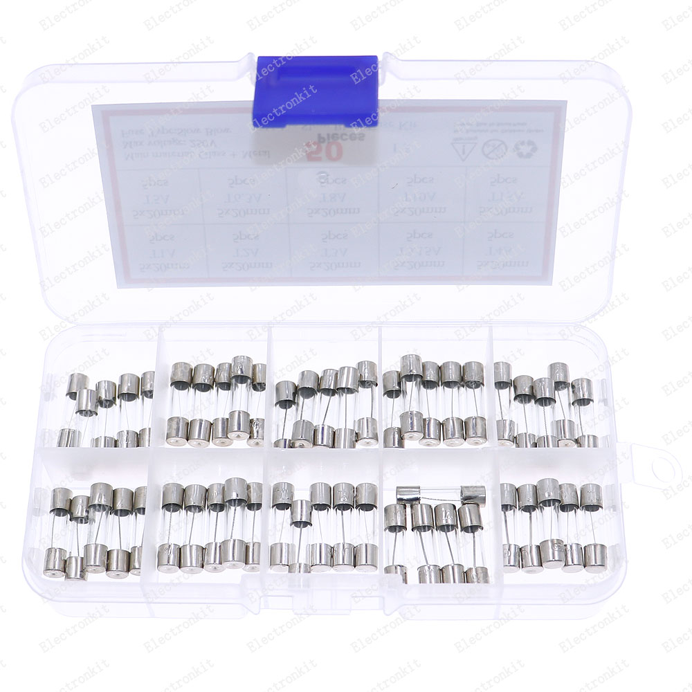 50 peças 5x20mm tubo de vidro de sopro lento fusível caixa variada kits t1a 2a 3a 3.15a 4a 5a 6.3a 8a 10a 15a