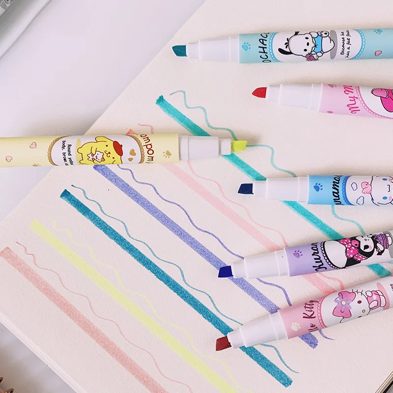 6 ชิ้น Sanrio Highlighter ชุดปากกา Kawaii Hello Kitty Kuromi Melody Cinnamoroll Art เรืองแสงเครื่องหมายปากกาโรงเรียน Office Statione
