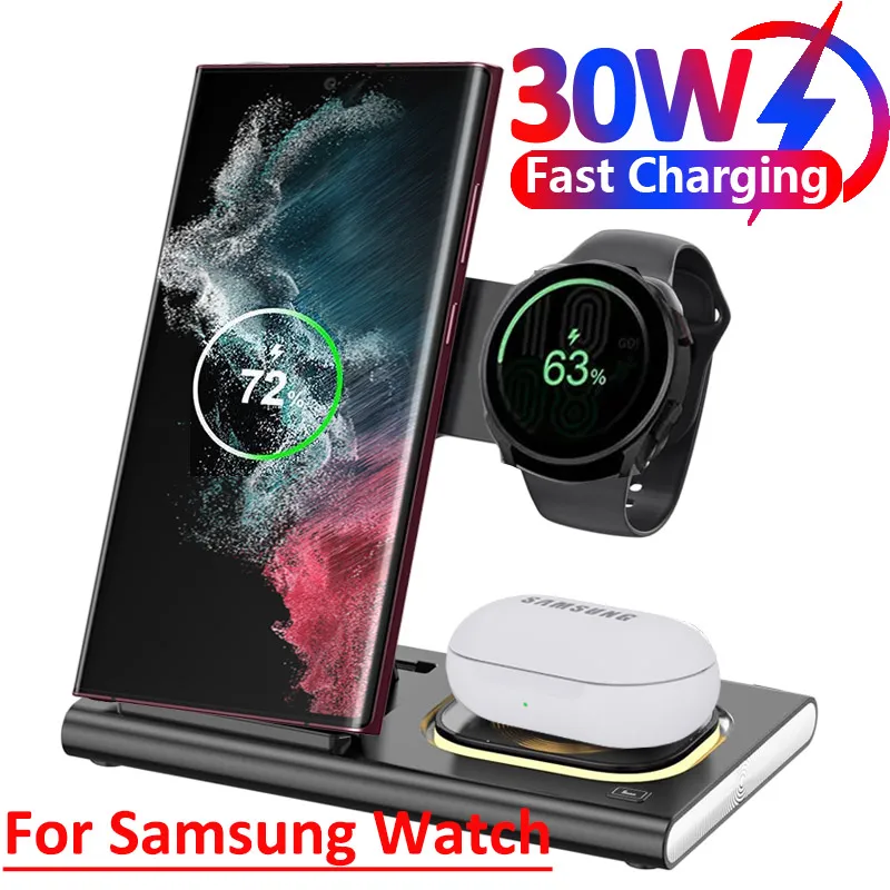 Supporto per caricabatterie wireless pieghevole 30W 3 in 1 LED per Samsung S24 S23 S22 Orologio 6 5 4 Active 1 2 Galaxy Buds Stazione di ricarica rapida