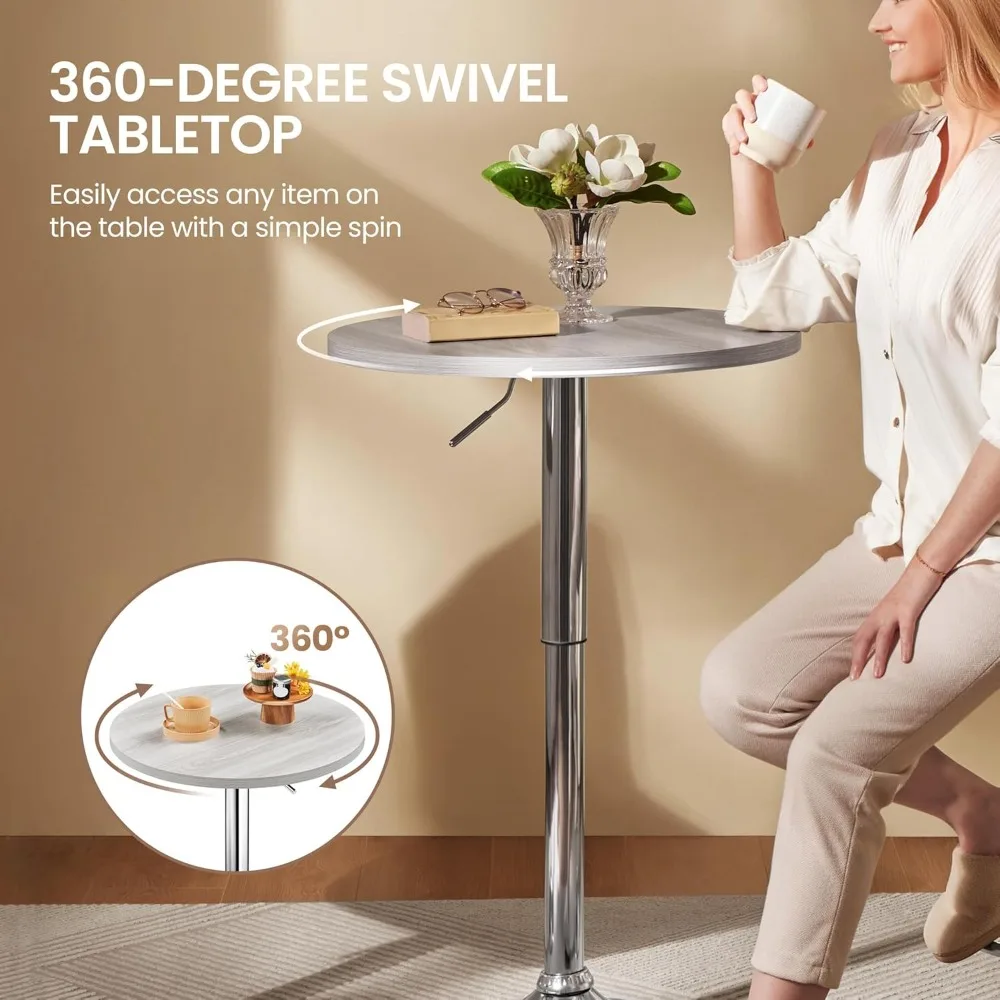 Round Bar Table, Adjustable Height and 360° Swivel Bar Tables, Cocktail Table with MDF Top, Silver Leg Base for Bar, Bistro
