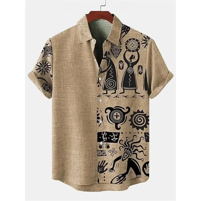 Camicia a maniche corte in cotone e lino 3D alla moda e minimalista, comoda vendita calda in estate e autunno, tribale africano