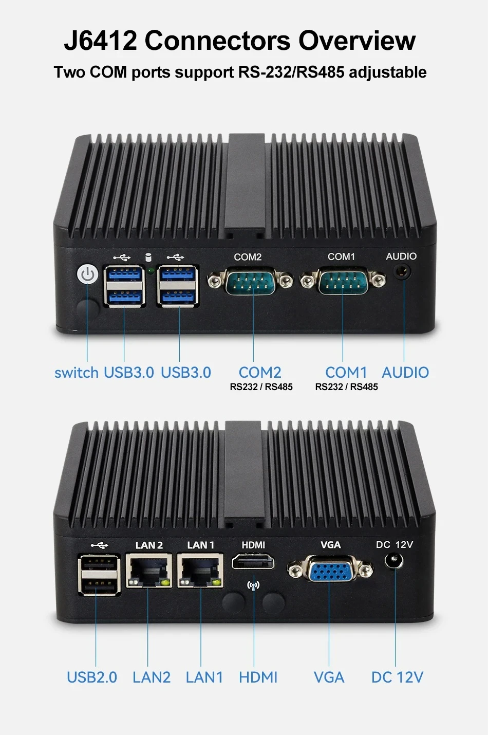 Helorpc Industrial Mini PC with Inter i3 i5 Celeron Processor Support WIN10 Linux RS232 WiFi with 4xUSB 1xHDMI 1xVGA Computer