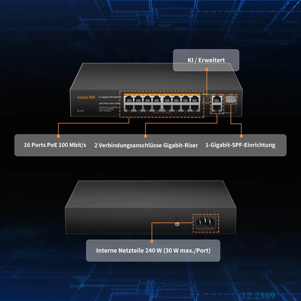 KeepLiNK 19-Port-Netzwerk-Switch mit 16-Megaibt PoE und 2-Port-Gigabit-Ethernet RJ45-Kupfer und 1-SFP-Uplink Plug and Play