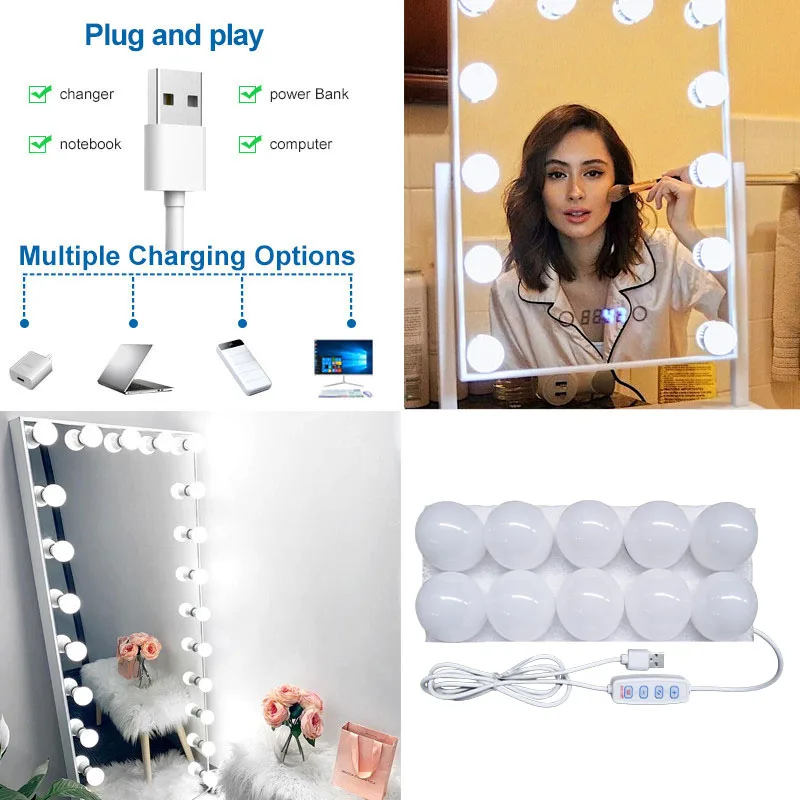 Luce di riempimento per specchio per trucco a LED, luce tricolore con luminosità regolabile, luce ambientale per specchio di bellezza plug-and-play