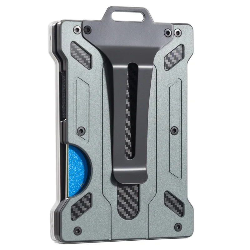 Portafoglio minimalista per uomo-fermasoldi in metallo sottile in alluminio con porta carte d'identità trasparente, blocco RFID, fibra di carbonio ultrasottile