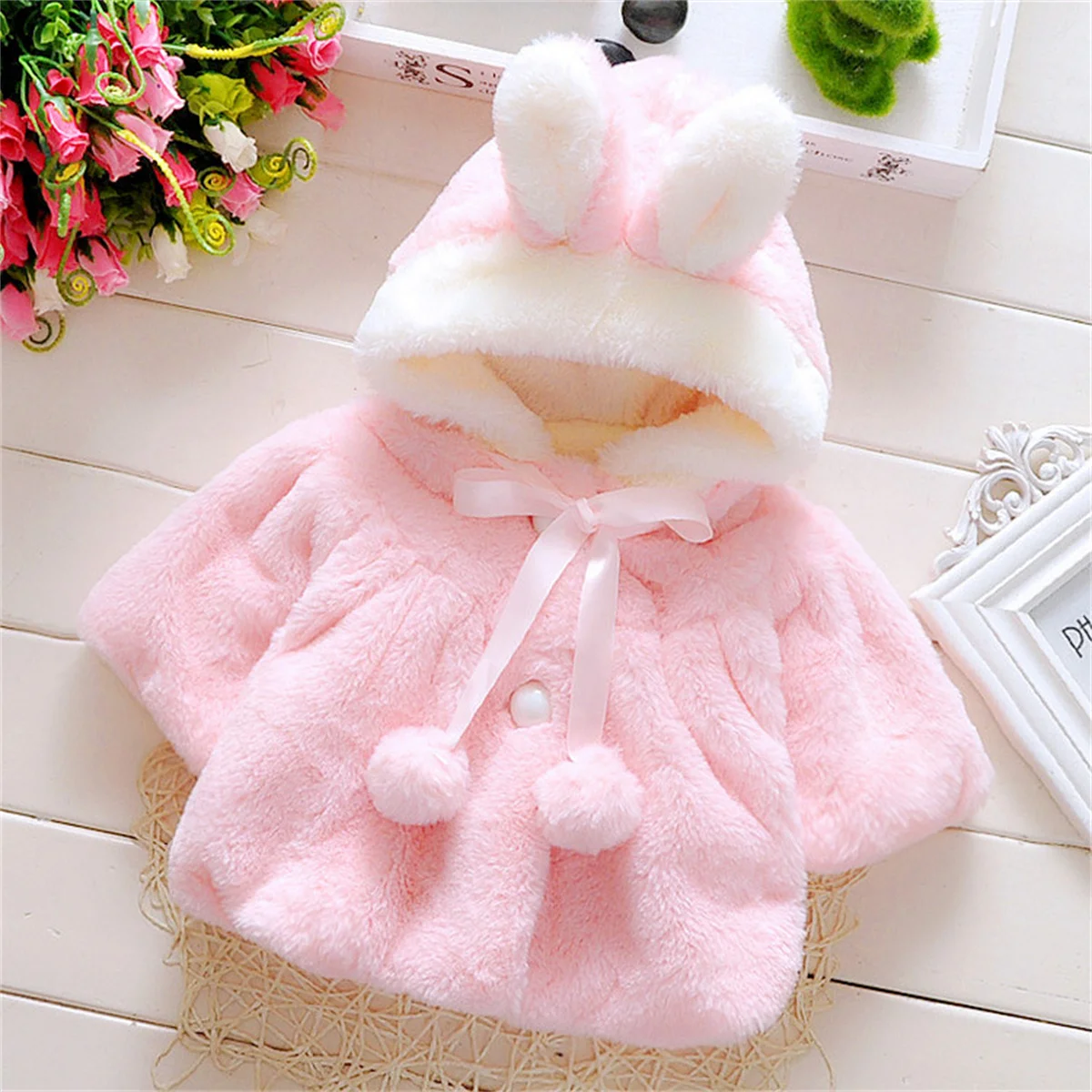 Cappotto a maniche corte in peluche tinta unita con cappuccio autunnale in maglione da ragazza