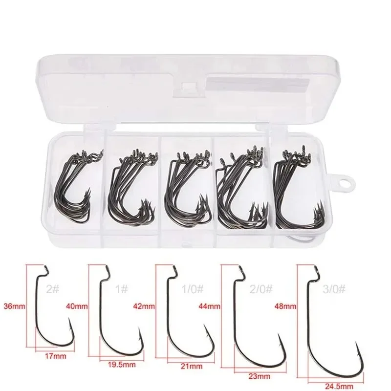 50 ชิ้นกล่องตะขอตกปลาชุด Jig Crank ตะขอหนามสูงคาร์บอนสแตนเลสกว้าง Gap Offset Fishhook Soft Worm Sea Hook Tackle