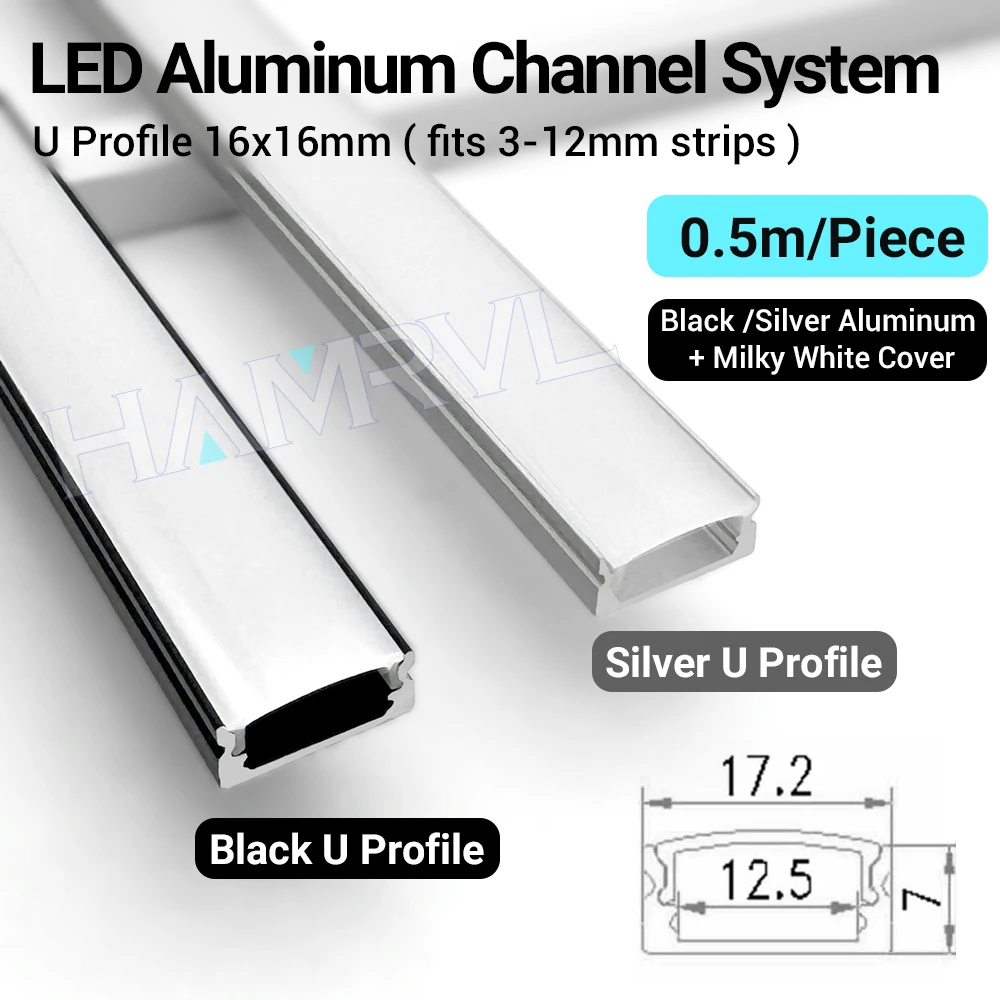 Profil LED Aluminiowy Kanał Dyfuzor Uchwyt 0.5M 2-30szt. Czarny/Srebrny Liniowy Listwa Świetlna Oświetlenie Sufitowe Ścienne Narożne