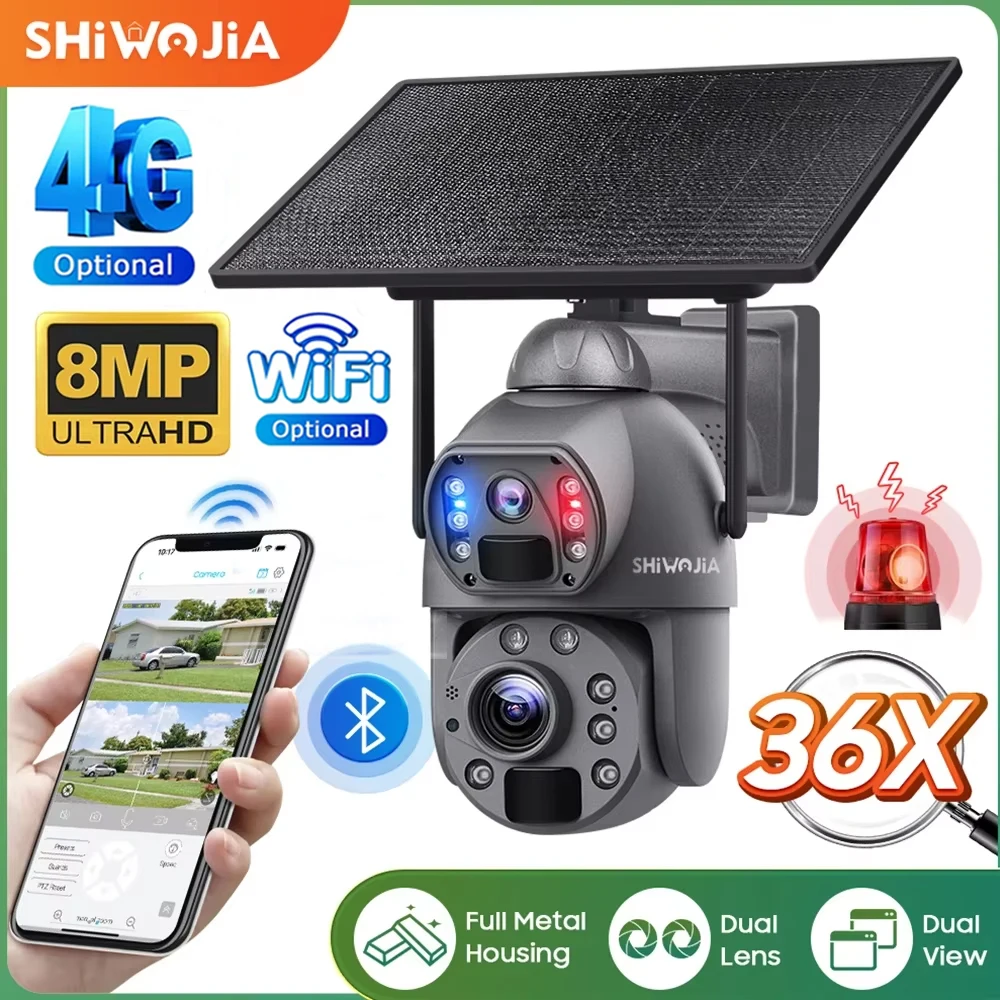 SHIWOJIA 36X ZOOM 8MP 4G SIM Cámara solar al aire libre 360 °   Cámaras de seguridad inalámbricas con batería WIFI y visión nocturna PIR con panel solar