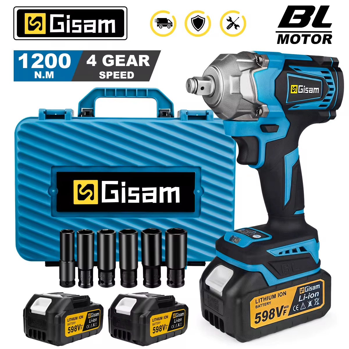 Gisam 1200N.M Torque Brushless Electric Impact Wrench 1/2 inch Cordless Wrench Screwdriver Power Tool For Makita 18V Battery Pin