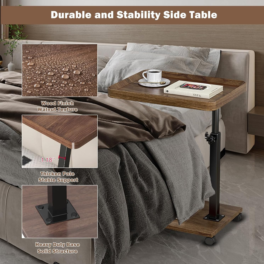Adjustable Rolling Cart Overbed Bedside Table Laptop Desk Medical Home Bed Food Tray 360° Rotatable Sofa Tray Table Home Office