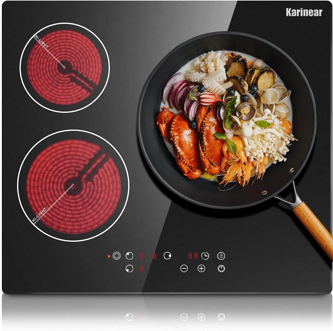 Karinear-encimera de cerámica de 3 quemadores, placa de cocina eléctrica de vidrio de cerámica negra con control táctil, con cable duro, sin enchufe, 59cm