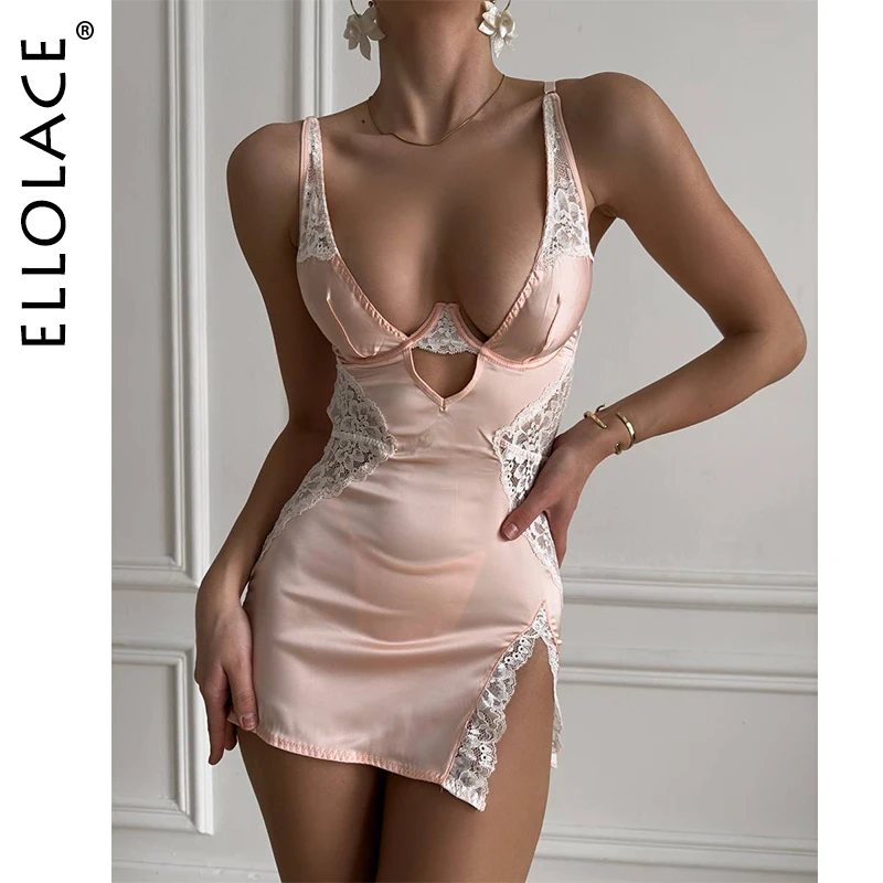 Ellolace-vestido Sexy de satén con escote en V profundo, lencería Sexy de encaje con retales, vestido de noche dividido Sissy, vestido deslizante para mujer, ropa de dormir de seda